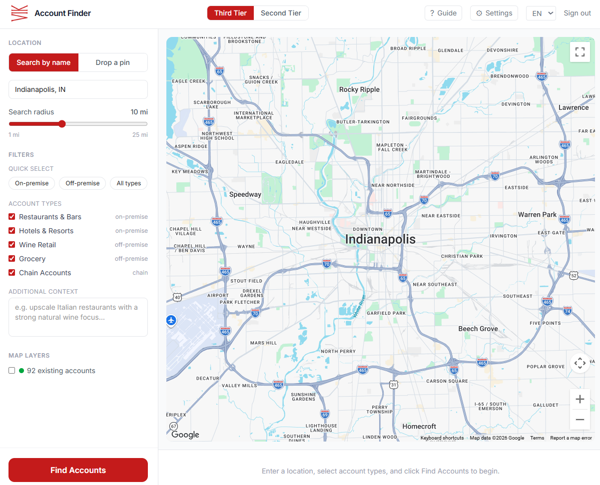 Account Finder application screenshot: a third-tier market search around Indianapolis with location search, radius slider, on-premise and off-premise account-type filters, and an interactive results map. A Second Tier toggle switches to distributor search.